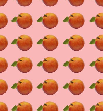 Kusursuz desen, pembe arkaplanda yapraklı şeftali..