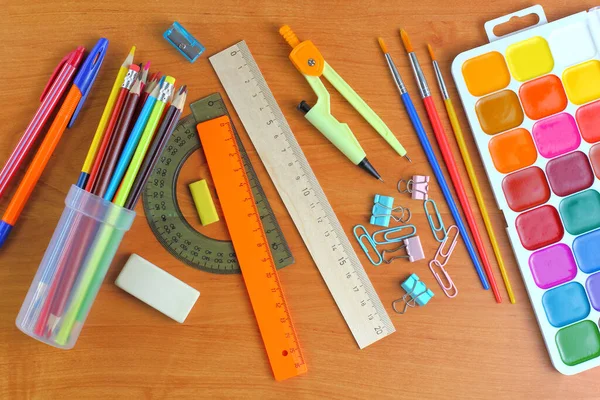 School Supplies Desk Gouache Pencils Pens Rulers Back School Education — Stock Photo, Image