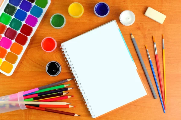 Watercolor Paints Brushes Sketchbook Desk School Education Theme Concept Top — Stock Photo, Image