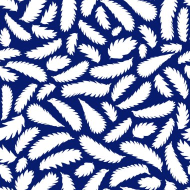Koyu mavi ve beyaz, egzotik eğrelti otu yaprakları, siluetler. Sebze süsü, kumaş ve tekstil için çiçek desenleri..