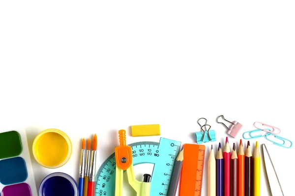 School Supplies White Background Pencils Pens Rulers Back School Education — Stock Photo, Image