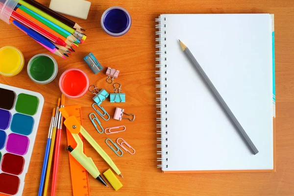 Back School Education Concept School Supplies Gouache Watercolor Paints Brushes — Stock Photo, Image
