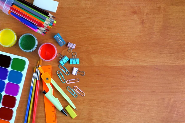 School Supplies Desk Gouache Pencils Pens Rulers Back School Education — Stock Photo, Image