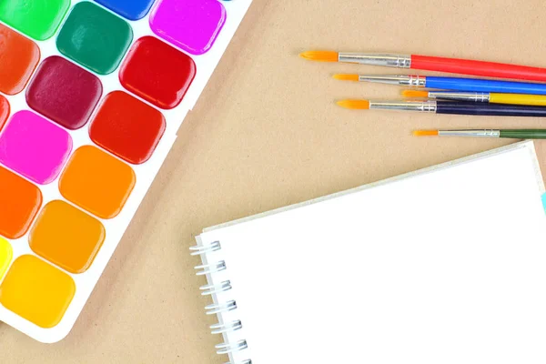 Watercolor Paints Brushes Sketchbook White Background School Education Theme Concept — Stock Photo, Image