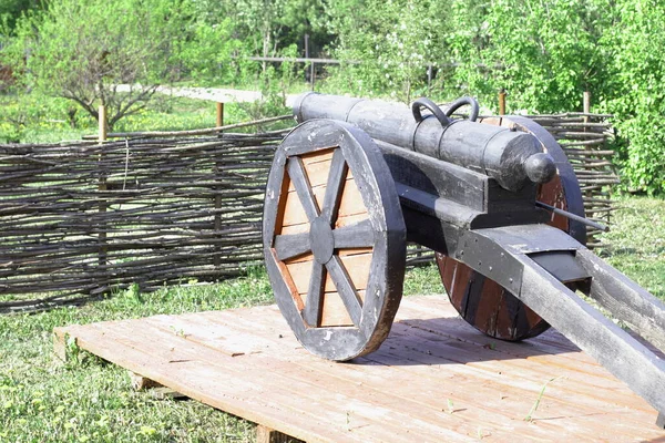 Mock Old Cannon Public Park Natural Green Background Wicker Fence — Stock Photo, Image