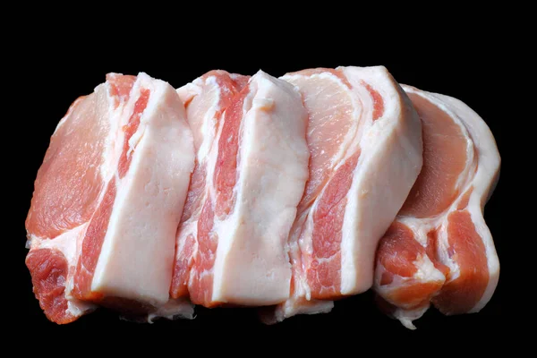 Rauw Varkensvet Stuk Vlees Steak Close Een Zwarte Achtergrond Isoleren — Stockfoto