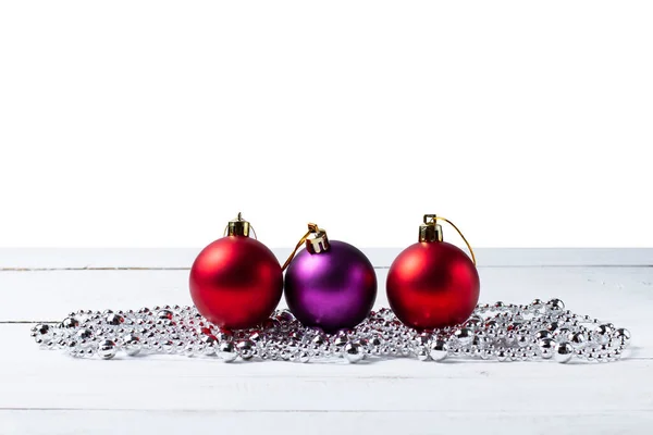 Christmas New Year Balls Silver Beads White Rustic Background Place — Stock Photo, Image