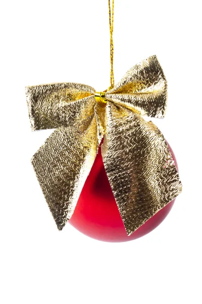 Christmas New Years Ball Gold Bow Pendant White Background Close Stock Picture