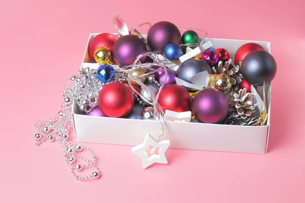 Christmas New Year Decorations Pink Background Close Box Garlands Balls — Stock Photo, Image