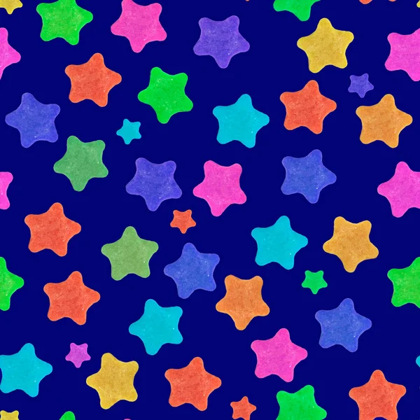 Patrón Sin Costuras Estrellas Multicolores Sobre Fondo Azul Oscuro Blanco — Foto de Stock