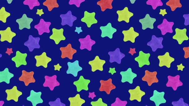 Şenlikli Yıldız Aydınlatması Farklı Renklerde Parıldar Koyu Mavi Arka Planda — Stok video