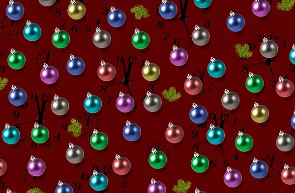 Tekstura Kolorowe Kulki Świąteczne Ciemnoczerwonym Tle Tarczami Zegarka — Zdjęcie stockowe