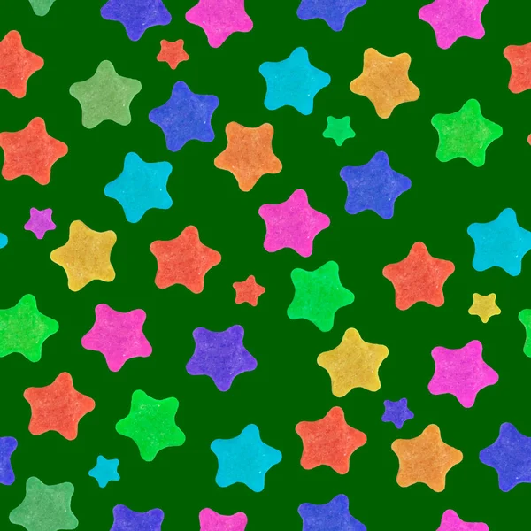 Бесшовный Рисунок Ярких Цветных Звезд Темно Зеленом Фоне Непрерывной Печати — стоковое фото