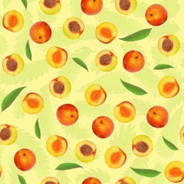 Çiçekli süslemeli sarı bir arka planda şeftali ve yarımlar deseni. Kusursuz değil..