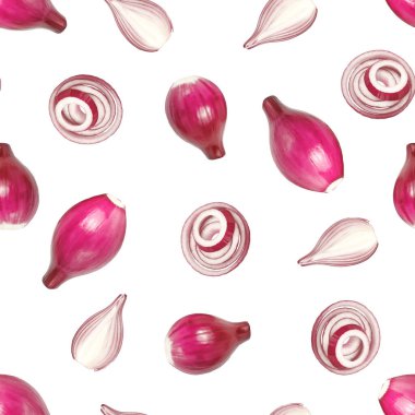 Kusursuz desen, beyaz arka planda kırmızı soğan başlıkları ve halkaları..