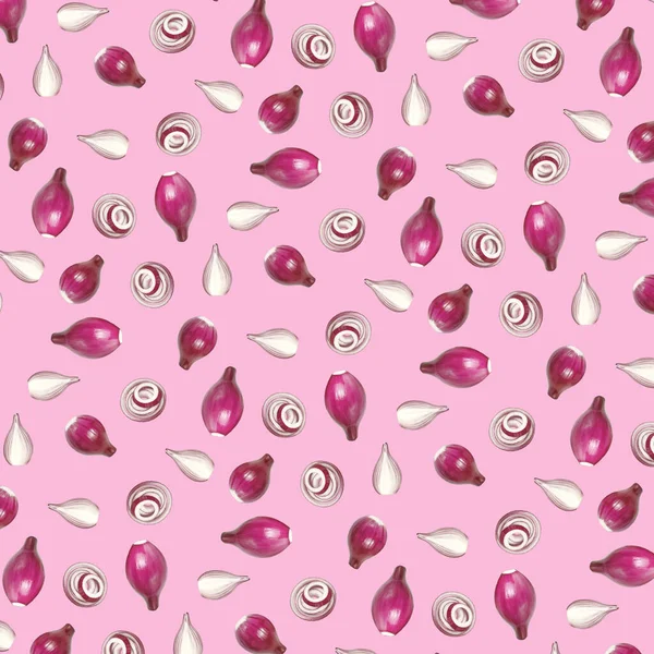 ピンクの背景に赤玉ねぎの頭 スライス リングの抽象的な背景 — ストック写真