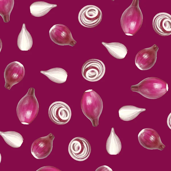 Slices and rings of red onion on a pink background. Abstract background of heads. 