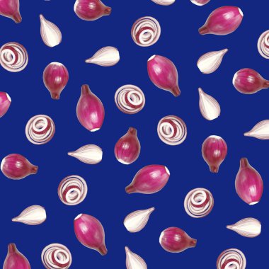 Soyut gıda geçmişi. Koyu mavi arkaplanda kırmızı soğan dilimleri ve halkaları.