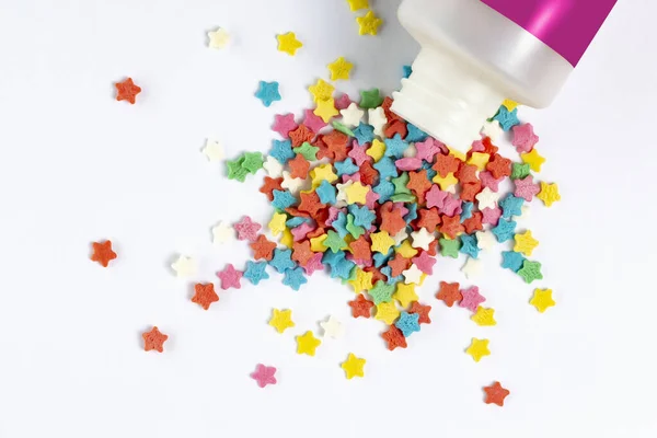 Sugar Multicolored Stars Scattered White Close Concept Holiday Good Mood — Stock Photo, Image