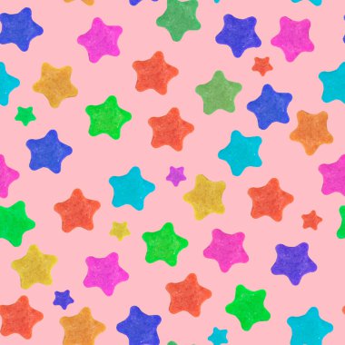 Pastel yeşili üzerinde çok renkli yıldızlarla şenlikli bir arkaplan. Kusursuz desen. Kumaşa veya arkaplan olarak yazdırmak için boşluk.