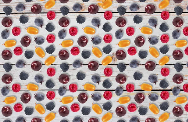 Background Bright Wild Berries Background Old Painted Boards Pattern — Stock Photo, Image