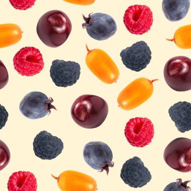 Açık sarı, farklı ve çok renkli tatlı orman meyveleri üzerinde kusursuz desen, üst manzara, düz uzanma.