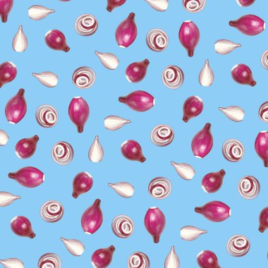 Koyu yeşil arka planda kırmızı soğan deseni, kafaları, dilimleri ve halkaları. Soyut arkaplan, üst görünüm, düz yatak. Kusursuz değil..