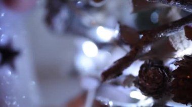 Noel dekorasyon kapatın. Raf odak makro yakın tatil için dekorasyon olarak Noel elemanları ile Elektrikli ampul Parlatıcı