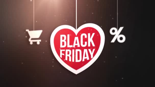 Black Friday Herzschild Hängt Schnur Mit Warenkorb Und Prozent Symbol — Stockvideo
