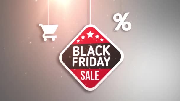 Black Friday Schild Hängt Schnur Mit Warenkorb Und Prozent Symbol — Stockvideo