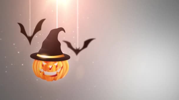 Halloween Grey Background Animation Pumpkin Bats Falling Hanging Strings — Stock Video