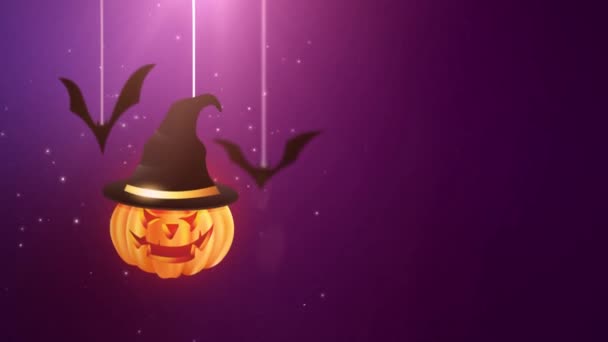 Animación Fondo Púrpura Halloween Con Calabaza Murciélagos Cayendo Colgando Cuerdas — Vídeo de stock