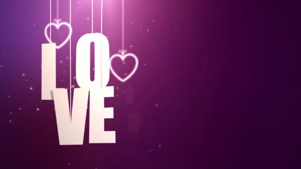 Буквы Любви Висящие Веревке Падающей Потолка Фиолетовым Бэкграундом — стоковое видео