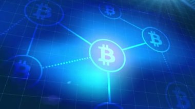 Bitcoin cryptocurrency simgesi animasyon mavi dijital öğeleri teknolojik altyapı