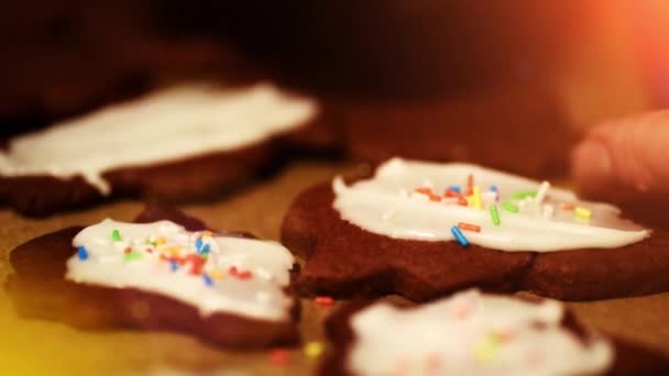 Cobertura Sendo Adicionado Biscoitos Natal Cozidos Forno Fresco — Vídeo de Stock
