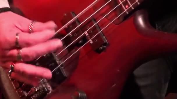 Baixo Guitarra Ação Vivo Concerto Foco Rack Close — Vídeo de Stock
