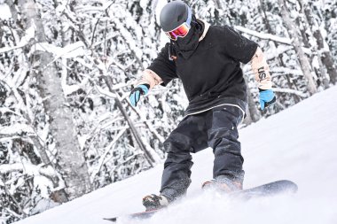 Tamamen konsantre olmak tepeden at binme snowboard kadeh kapatın. Kış spor                               