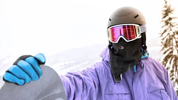 Portrait Snowboarder Holding His Snowboard Blue Gloves Black Protect Helmet — Stock Photo, Image