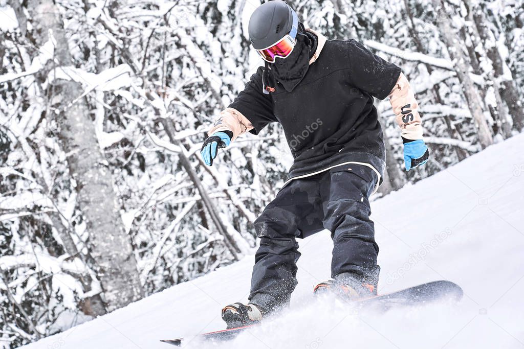 Close up shot of the snowboarder that is riding down from the hill being fully concentrating. Winter sport                               