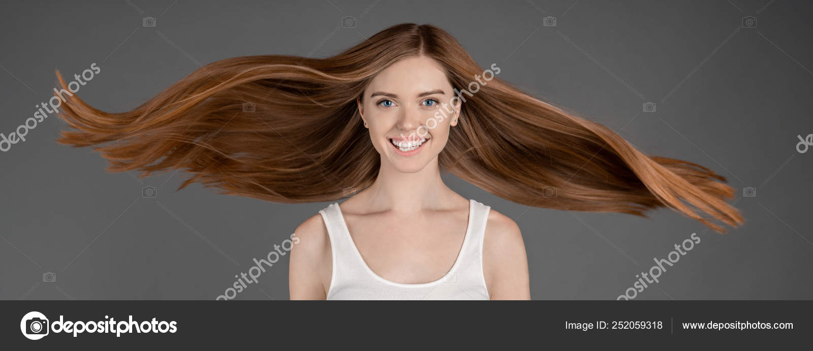 Female Fashion Model Long Brown Hair Grey Background Beautiful Smiling  Stock Photo by ©InsideCreativeHouse 252059318