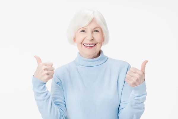 Senior Woman Showing Thumbs Gesture Smiling White Background — Stock Photo, Image