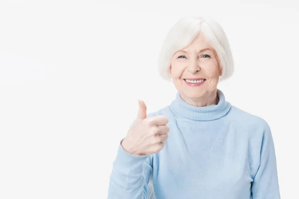 Senior Lady Showing Thumb Gesture Smiling White Background — Stock Photo, Image