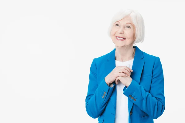 Senior Mulher Sonhando Com Algo Sobre Fundo Branco Isolado — Fotografia de Stock