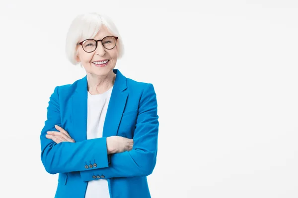 Porträt Einer Reifen Frau Mit Brille Auf Weißem Hintergrund — Stockfoto