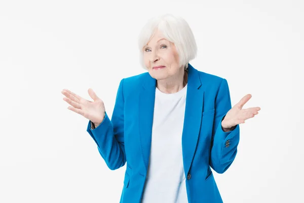 Mature Woman Shrugging Her Shoulders Clueless Expression While Standing White — Stock Photo, Image