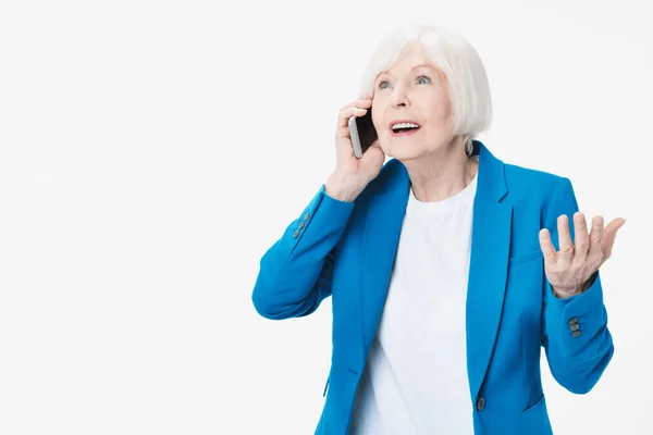 Positive Senior Woman Smiling While Talking Phone Excited Isolated White — Stock Photo, Image