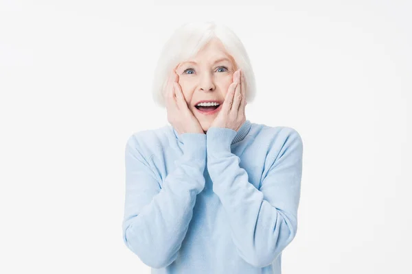 Happy Senior Woman Looking Excited Isolated White Background — Stock Photo, Image