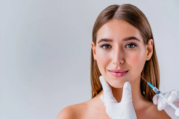 Mujer Cara Cosmetología Cirugía Plástica Concepto Belleza Fondo — Foto de Stock