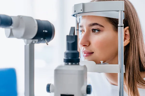 Beautiful Young Girl Checking Eye Vision Modern Ophthalmology Clinic Royalty Free Stock Images