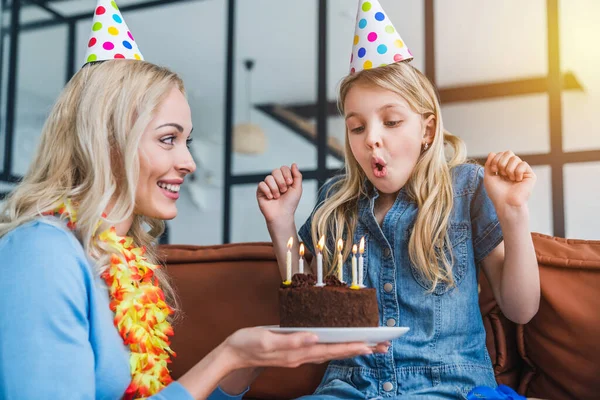 Cute Little Girl Blowing Candles Birthday Cake Home — Stock Photo, Image